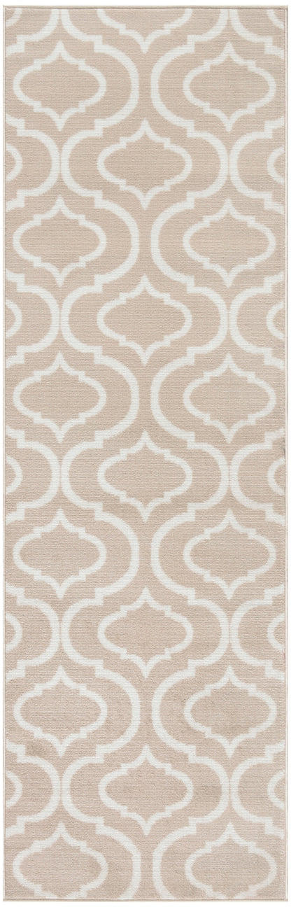 Beige rectangular rug runner with white Moroccan trellis pattern; soft woven texture, ideal for hallways.