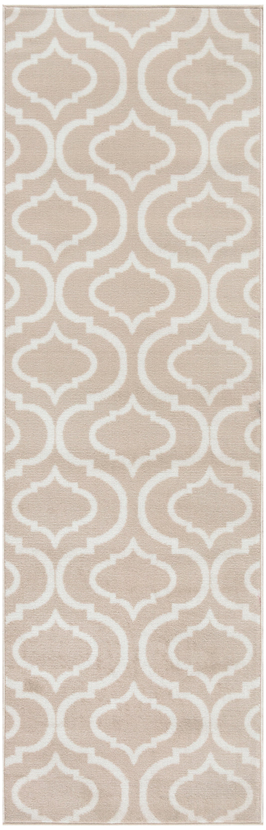 Beige rectangular rug runner with white Moroccan trellis pattern; soft woven texture, ideal for hallways.