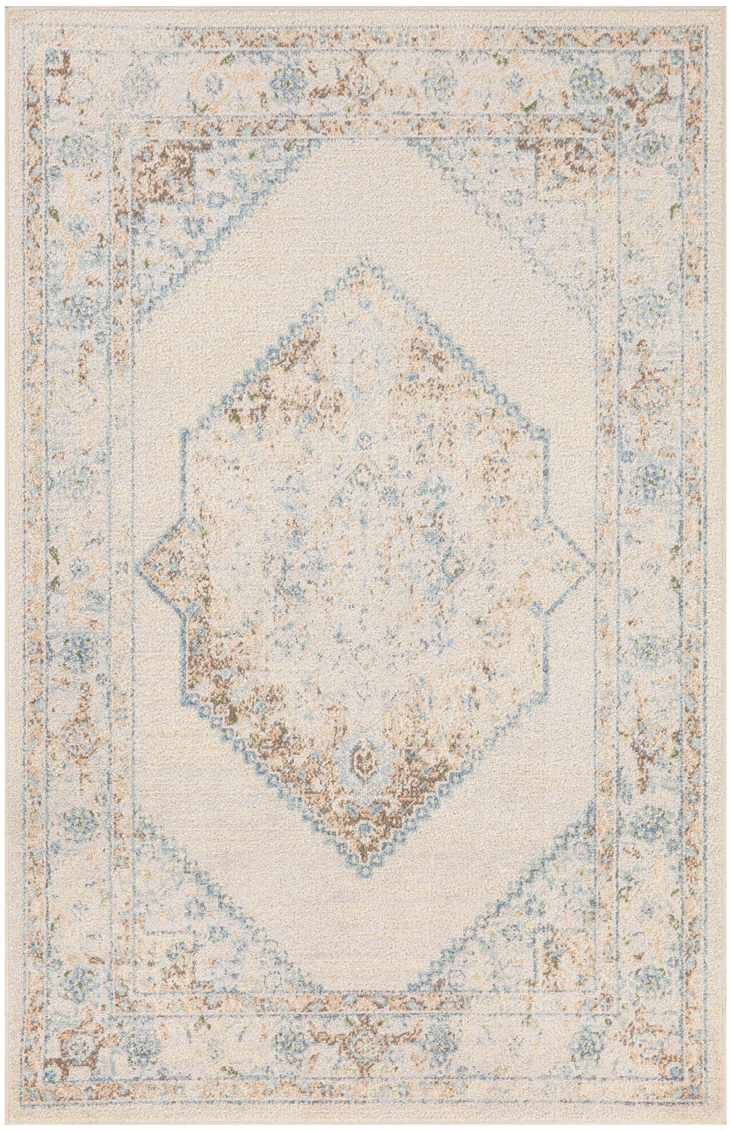 Cream area rug with pale blue and beige distressed pattern, central diamond medallion and ornate border.