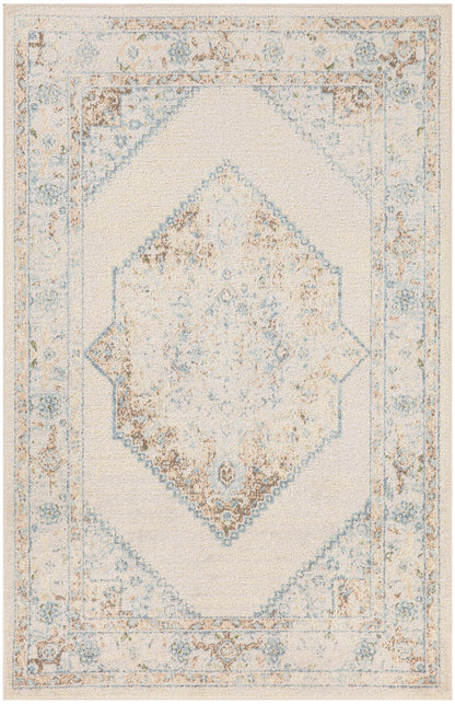 Cream area rug with pale blue and beige distressed pattern, central diamond medallion and ornate border.