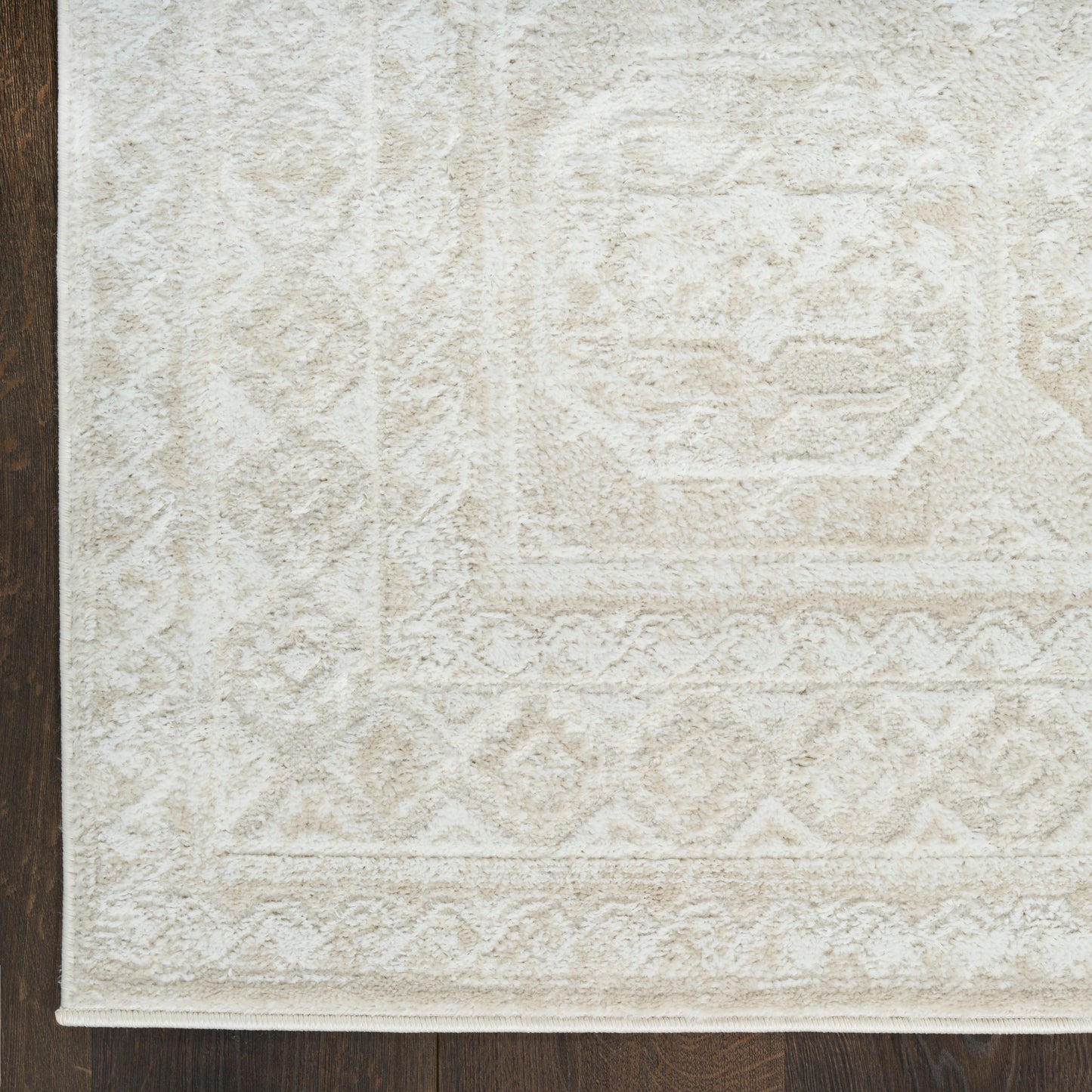 Ivory textured area rug with subtle geometric motifs and a diamond border; plush pile on dark wood floor.