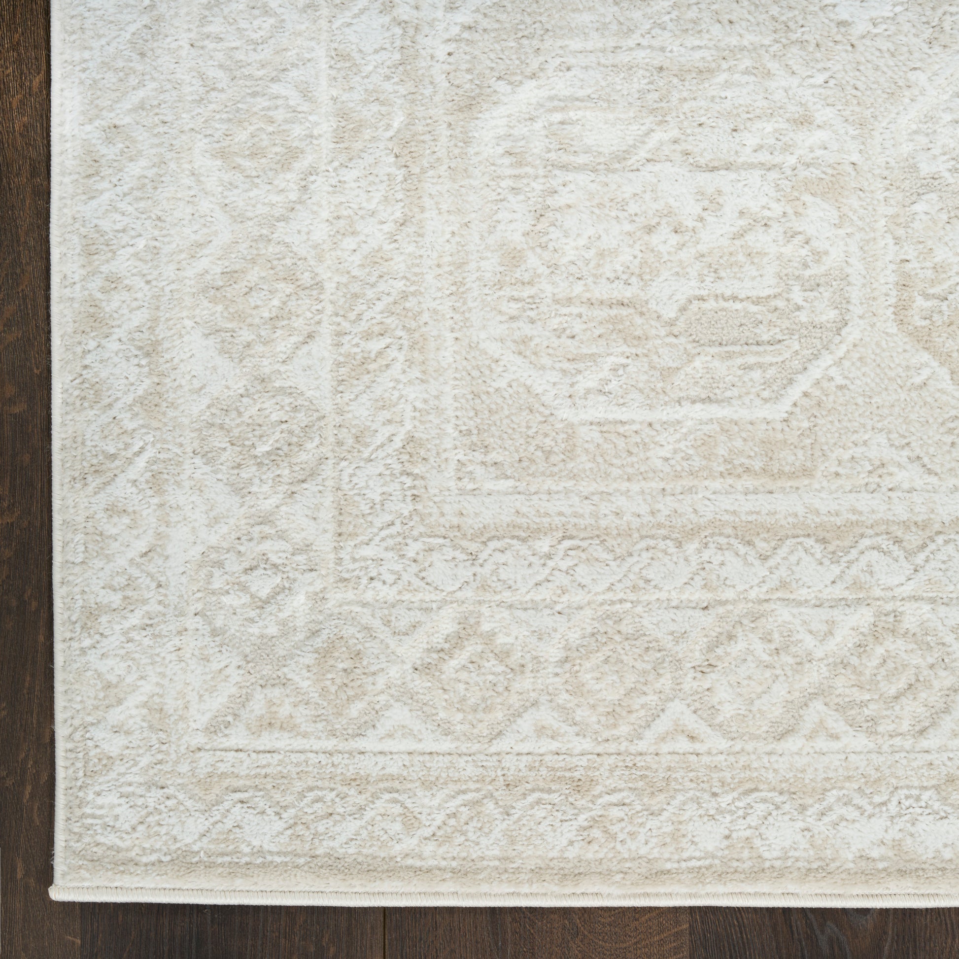 Ivory textured area rug with subtle geometric motifs and a diamond border; plush pile on dark wood floor.