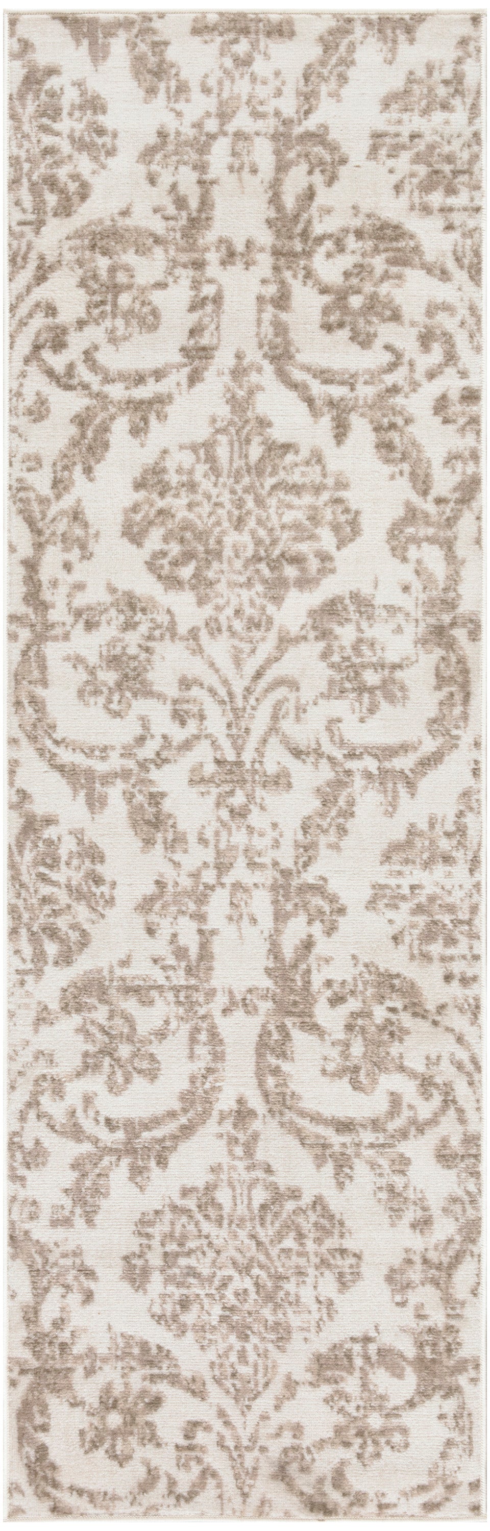 Beige runner rug with taupe damask floral pattern, softly textured, antique-inspired design.
