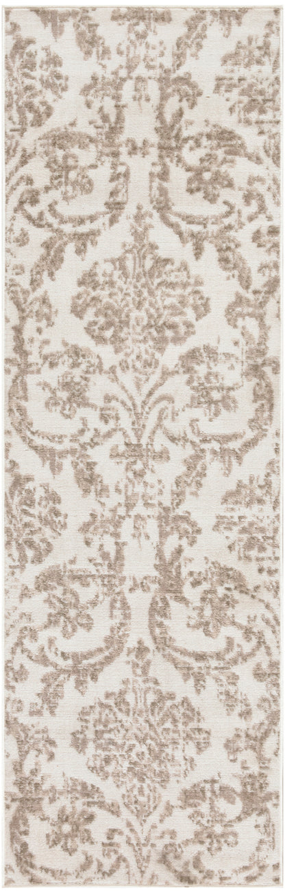 Beige runner rug with taupe damask floral pattern, softly textured, antique-inspired design.