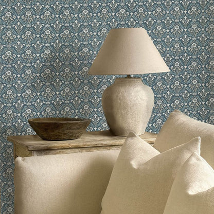 Morris & Co. Morris Bellflowers Wallpaper in Indigo/Linen with a classic interlocking floral pattern inspired by William Morris designs. Ideal for living rooms, bedrooms, hallways, and elegant traditional or cottage-style interiors.
