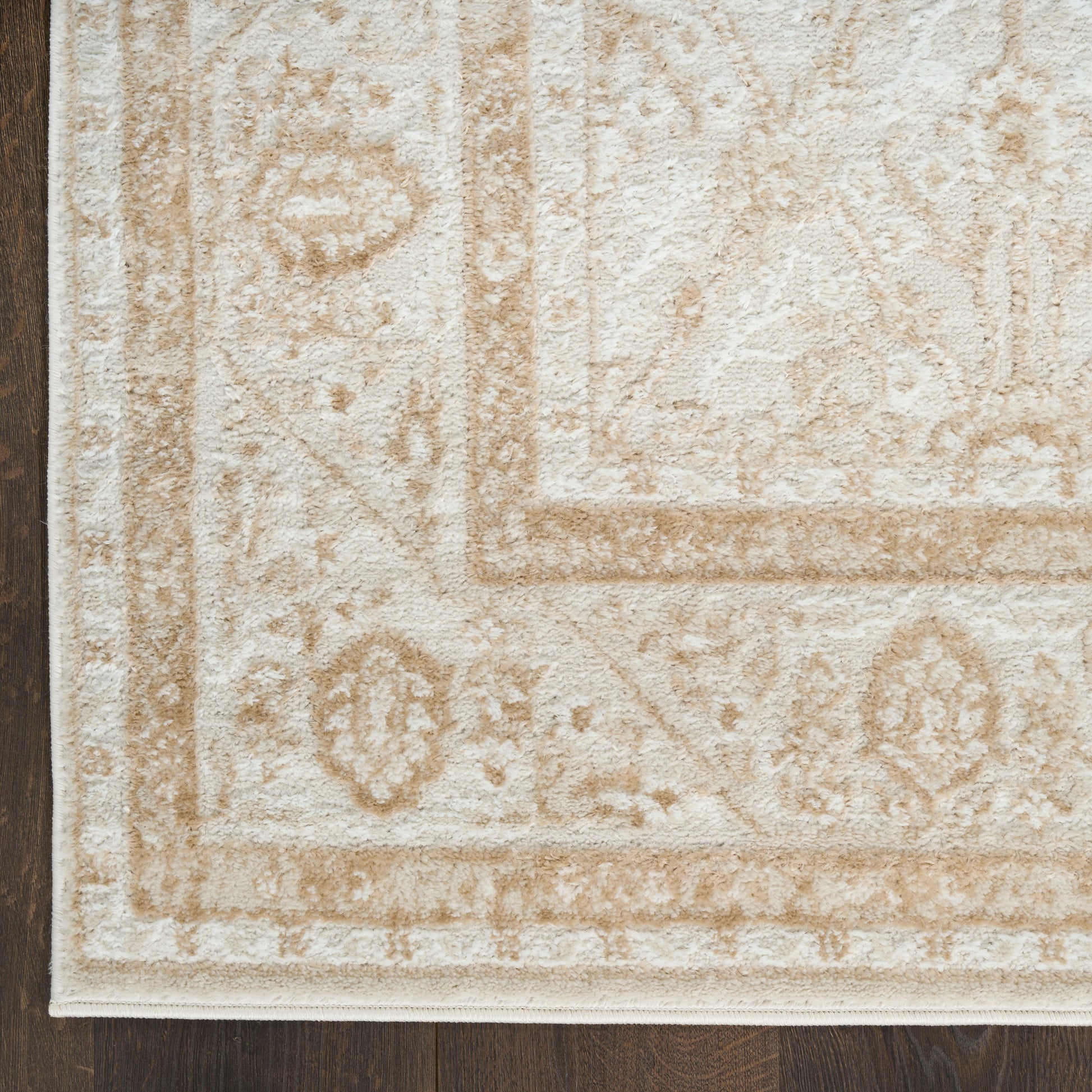 Cream and beige patterned area rug with floral border, plush pile, on dark wood floor.