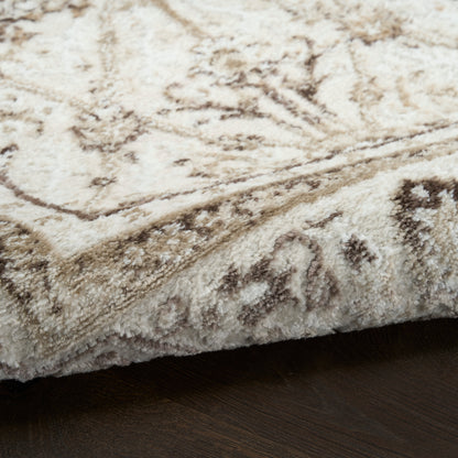 Cream and taupe patterned high-pile rug with decorative border, soft plush texture for living rooms.
