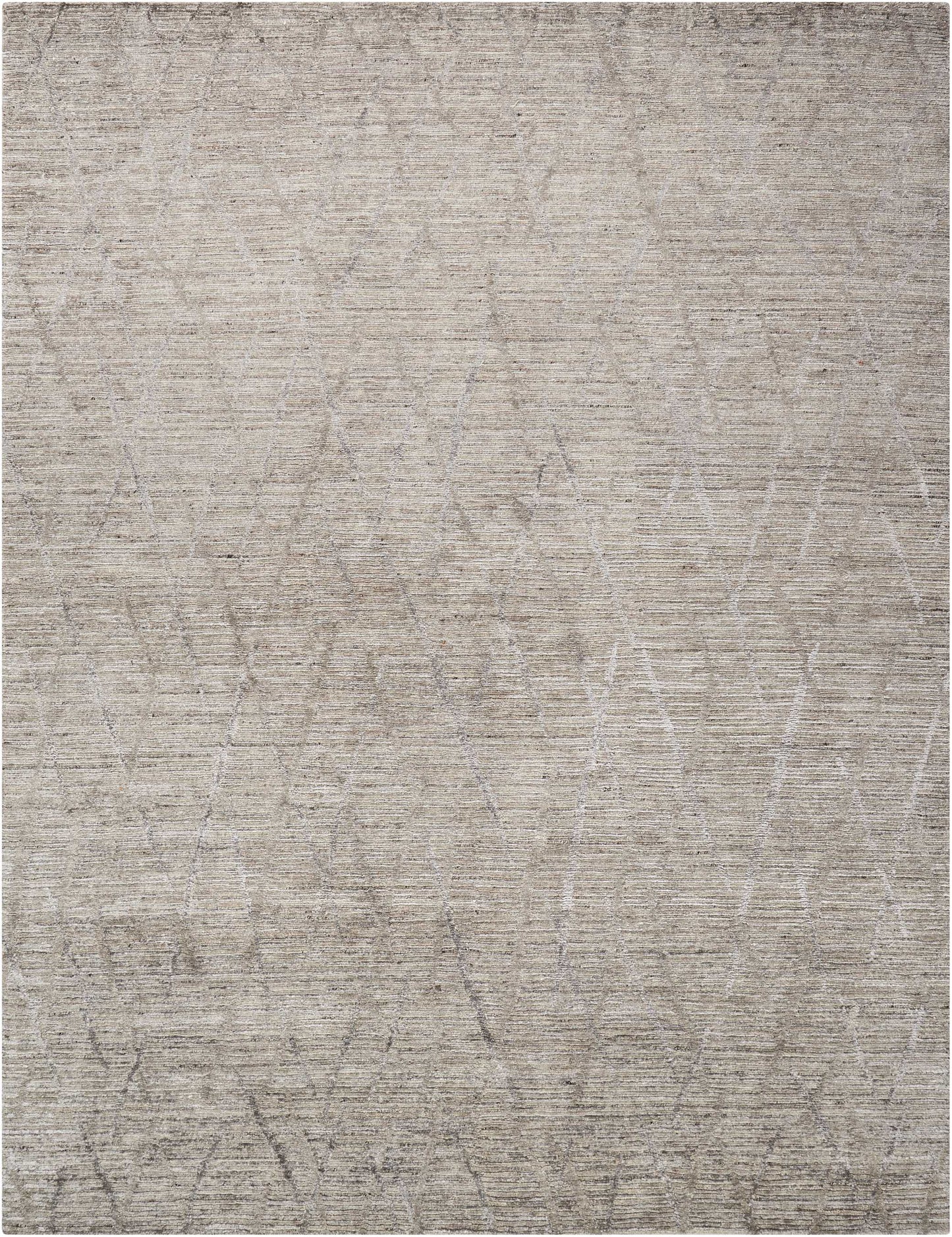 Beige and taupe area rug with subtle gray abstract branch pattern and a low-pile textured weave.