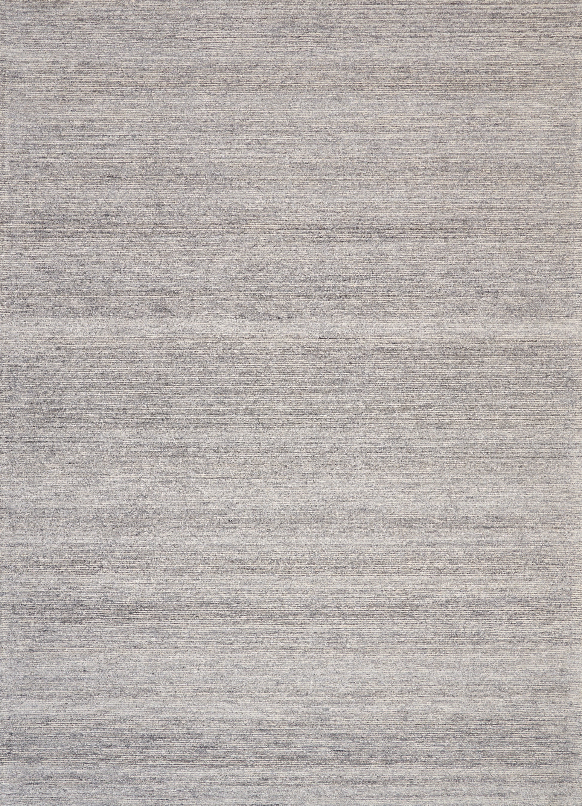 Soft gray flat-weave rug with subtle horizontal stripes and a neutral textured finish.