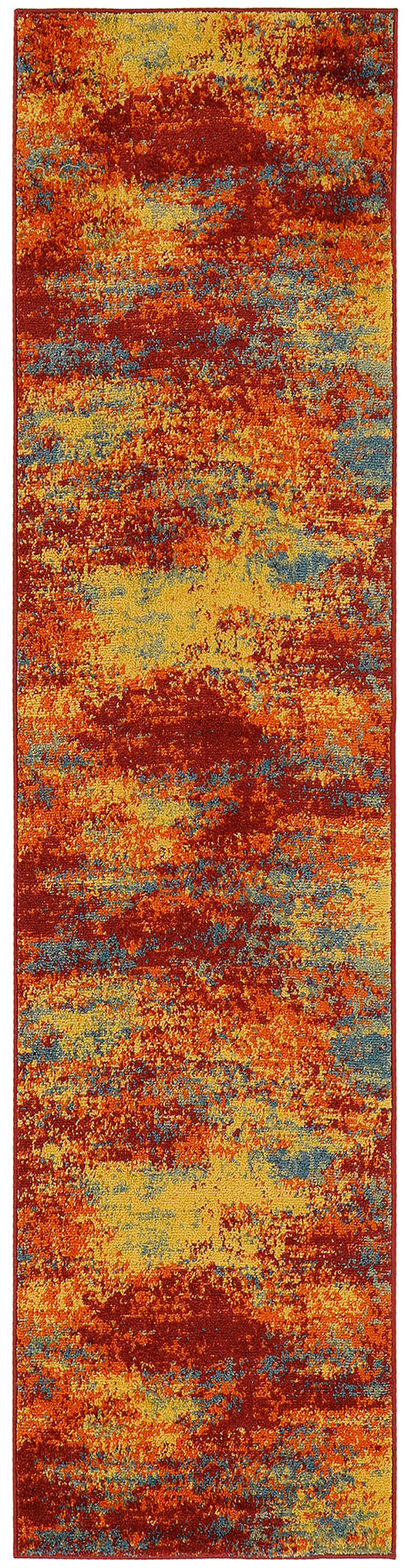 Abstract multicolor runner rug in fiery orange, red, yellow and blue with a distressed patchwork pattern.