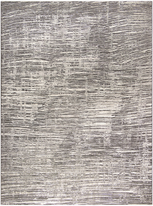 Neutral gray & beige abstract area rug with a distressed linear pattern; soft texture, modern & contemporary style.