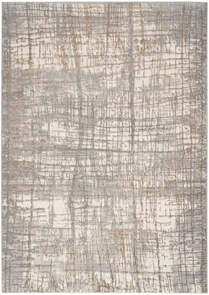 Rectangular area rug with abstract beige, taupe and gray grid pattern; distressed modern design for living spaces.