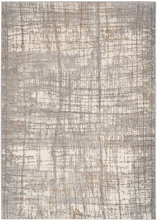 Rectangular area rug with abstract beige, taupe and gray grid pattern; distressed modern design for living spaces.