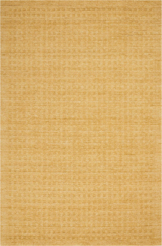 Golden beige woven rug with subtle checker texture, rectangular 7' x 10' rug for living room or bedroom.