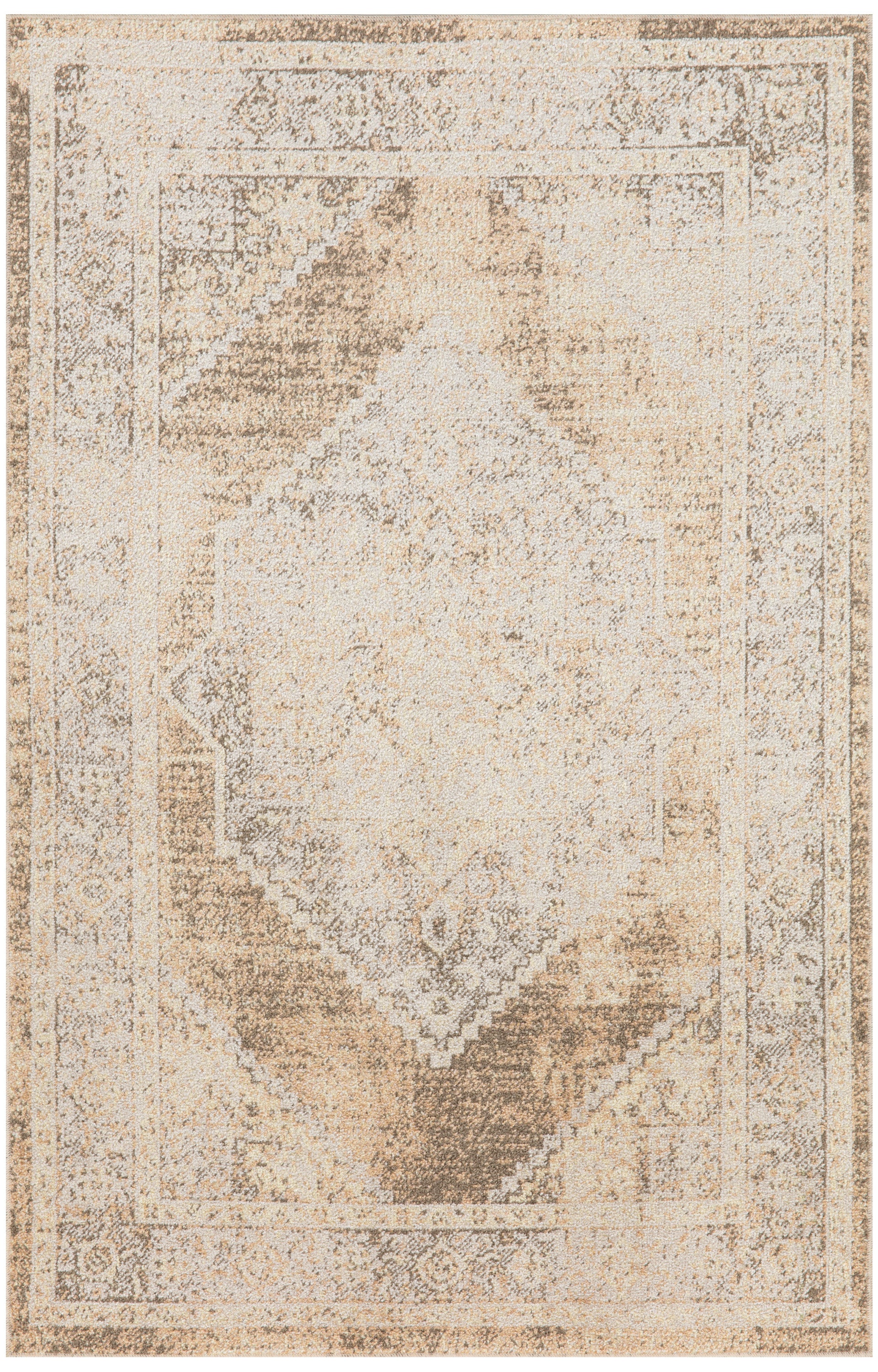 Beige distressed area rug with faded diamond medallion and ornate border in warm tones.