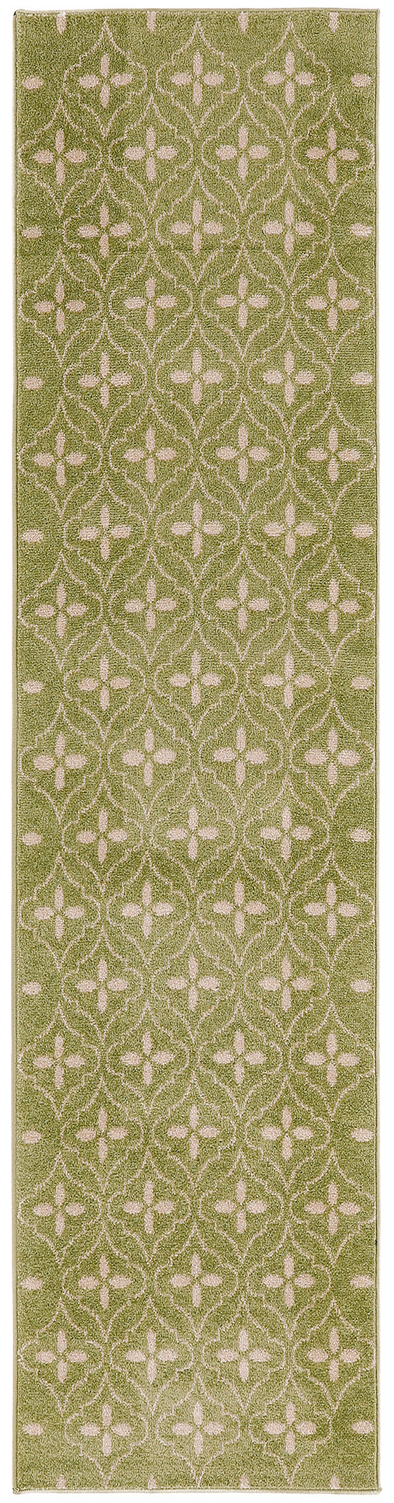 Olive-green runner rug with pale pink lattice quatrefoil pattern; softly textured surface and beige edging.