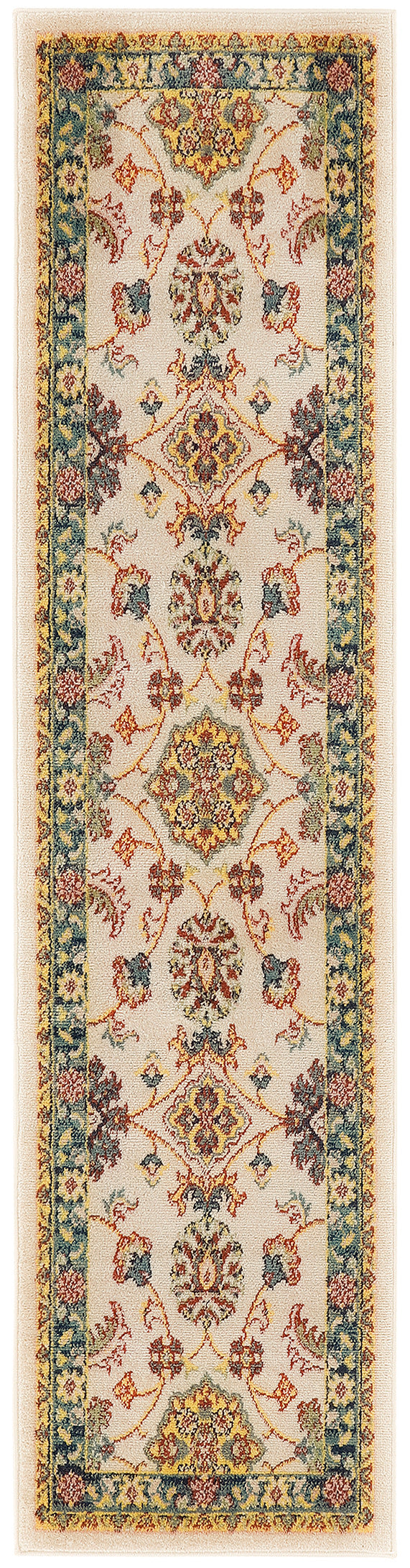 Elegant oriental runner rug with ivory field and colorful floral medallions; blue-green and yellow border, fringed ends.