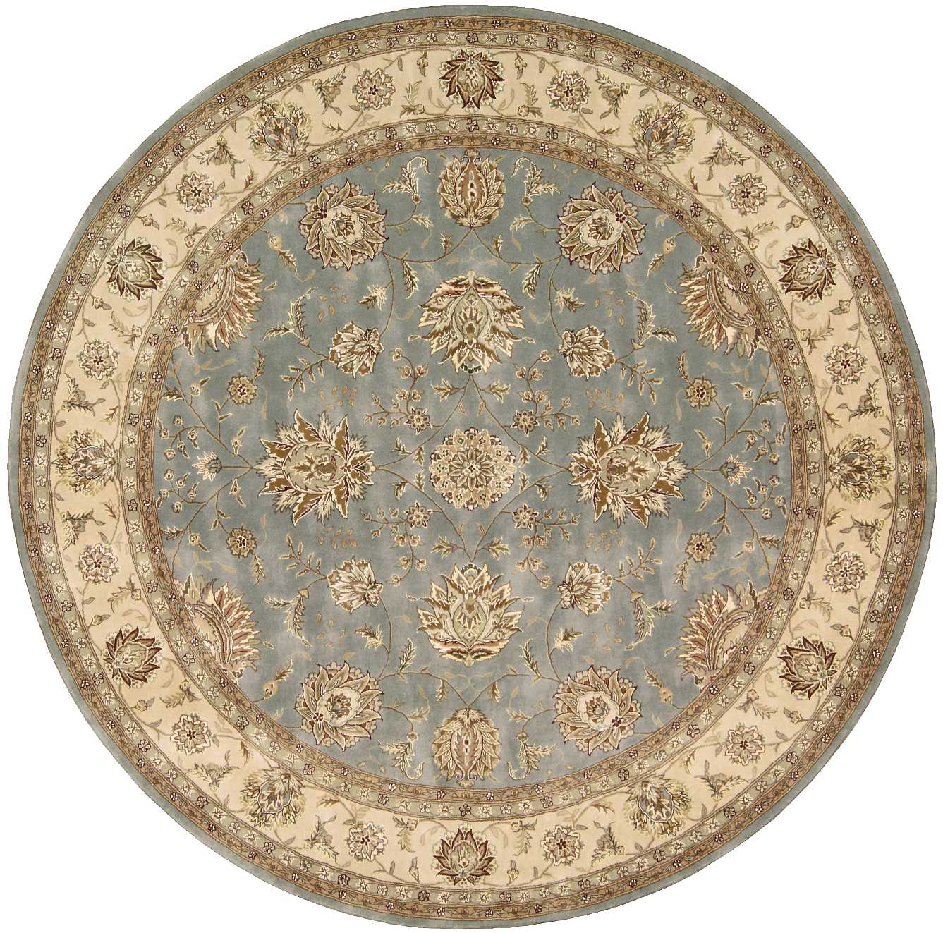 Round oriental rug with a blue field and beige border featuring gold floral motifs.