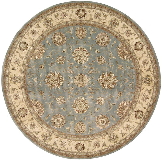 Round oriental rug with a blue field and beige border featuring gold floral motifs.