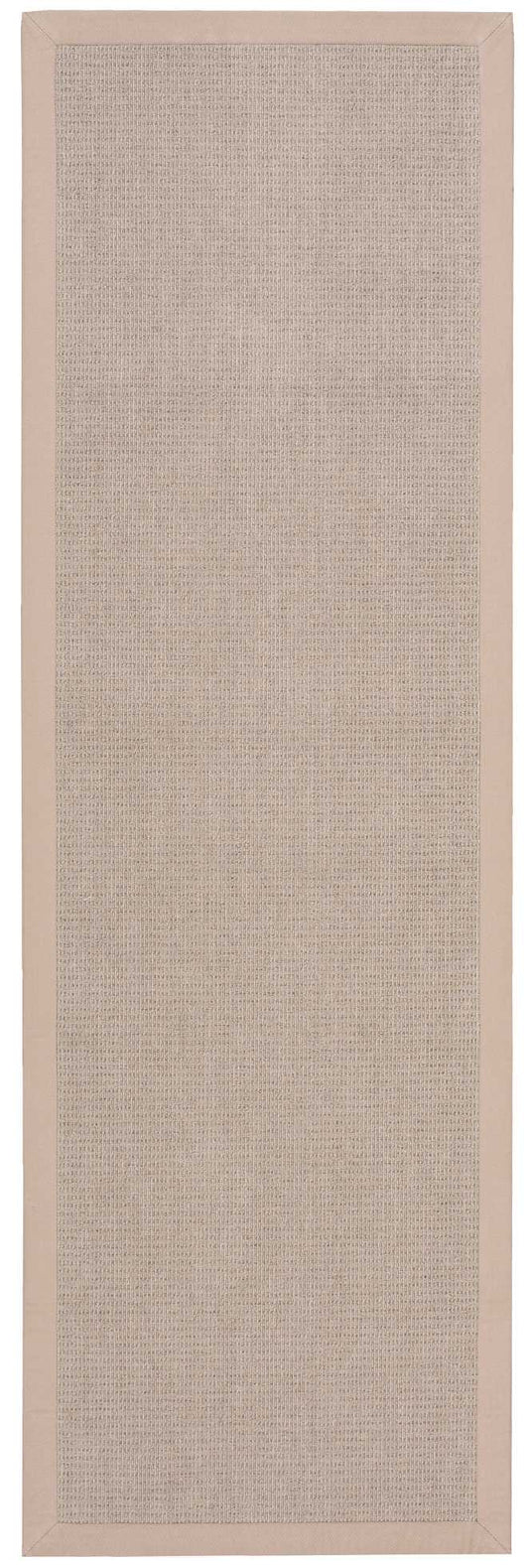 Beige woven rug runner with a pale pink border; rectangular, textured center for hallway or entryway.