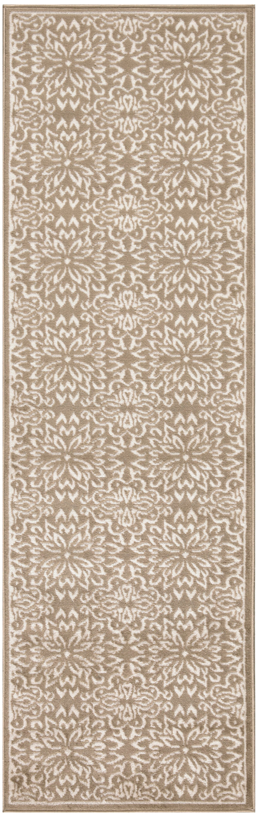 Beige & ivory damask pattern rug runner with ornate floral motifs; soft woven hallway rug.