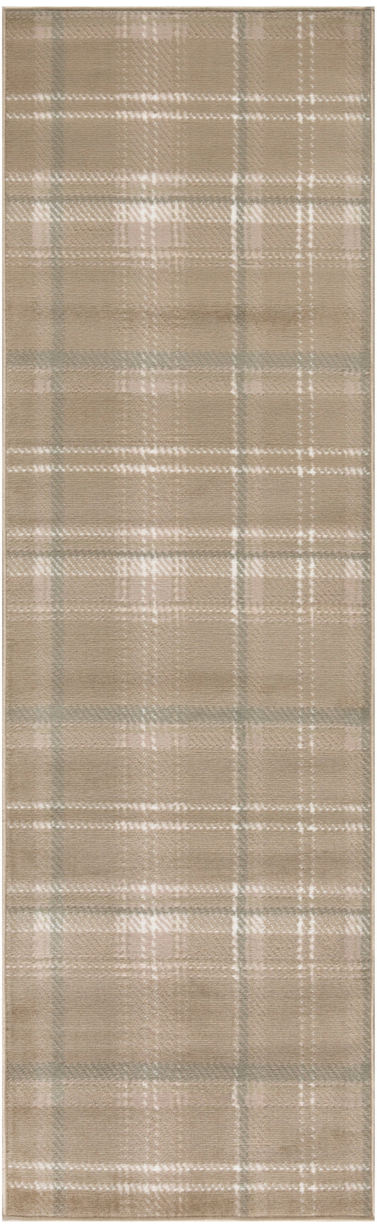 Beige plaid runner rug, woven fabric, farmhouse style, 12' long.