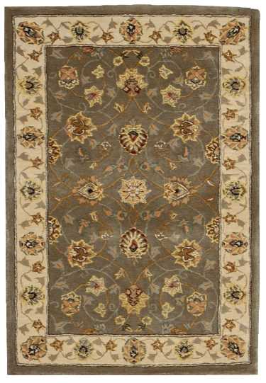 Traditional oriental rug with cream border and gray-brown field, featuring gold, beige, and rust floral motifs.