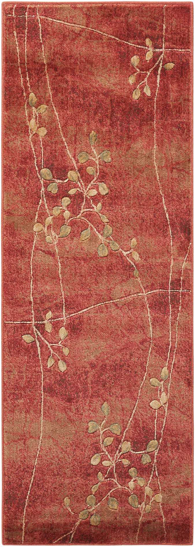 Red runner rug with cream vine lines and pale olive leaves; soft texture, botanical motif for hallway.
