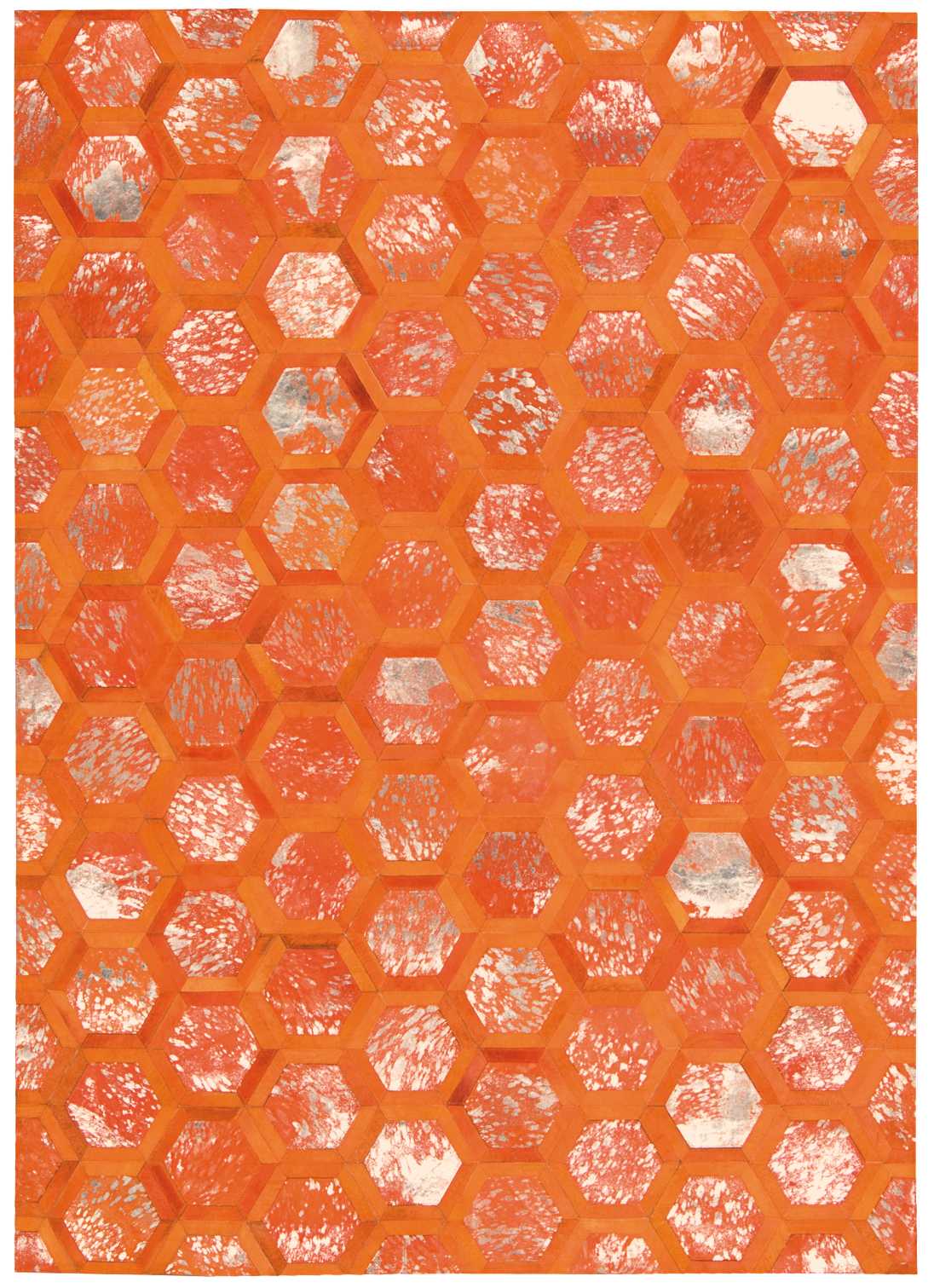 Orange hexagon honeycomb pattern rug with distressed white patches; bold geometric modern floor covering; 5' x 8' rug.