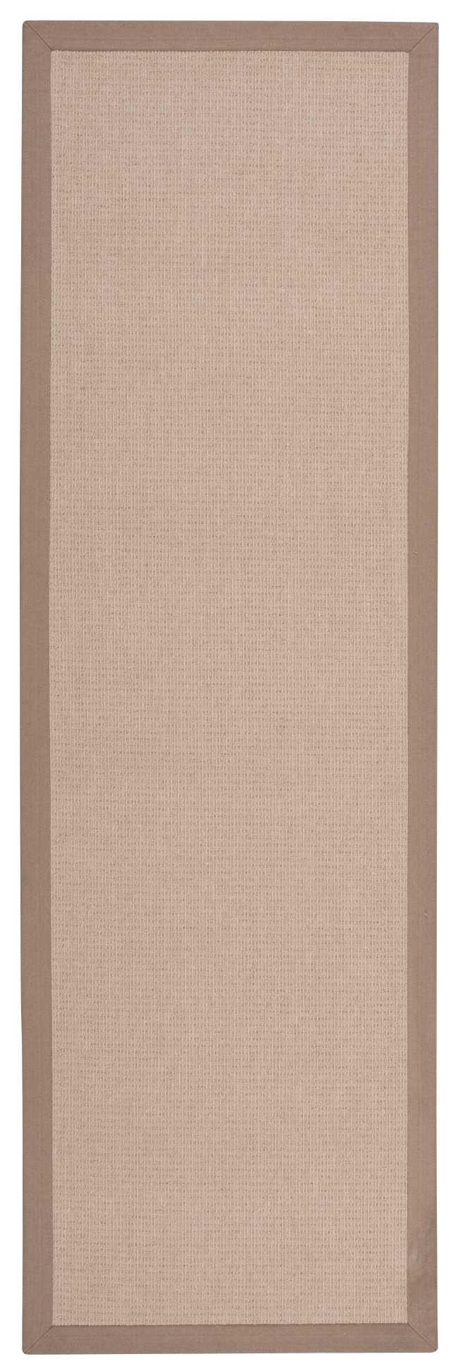 Tall rectangular beige woven rug with a light brown border; minimalist farmhouse runner.
