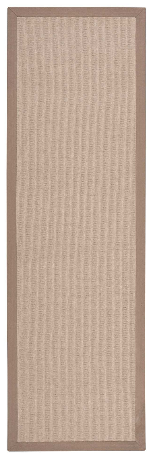 Tall rectangular beige woven rug with a light brown border; minimalist farmhouse runner.