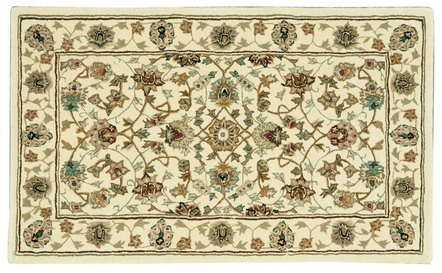Ivory Persian-style floral area rug with scrolling blue, brown and pink blossoms; rectangular wool-blend, traditional decor, 3' x 4'.