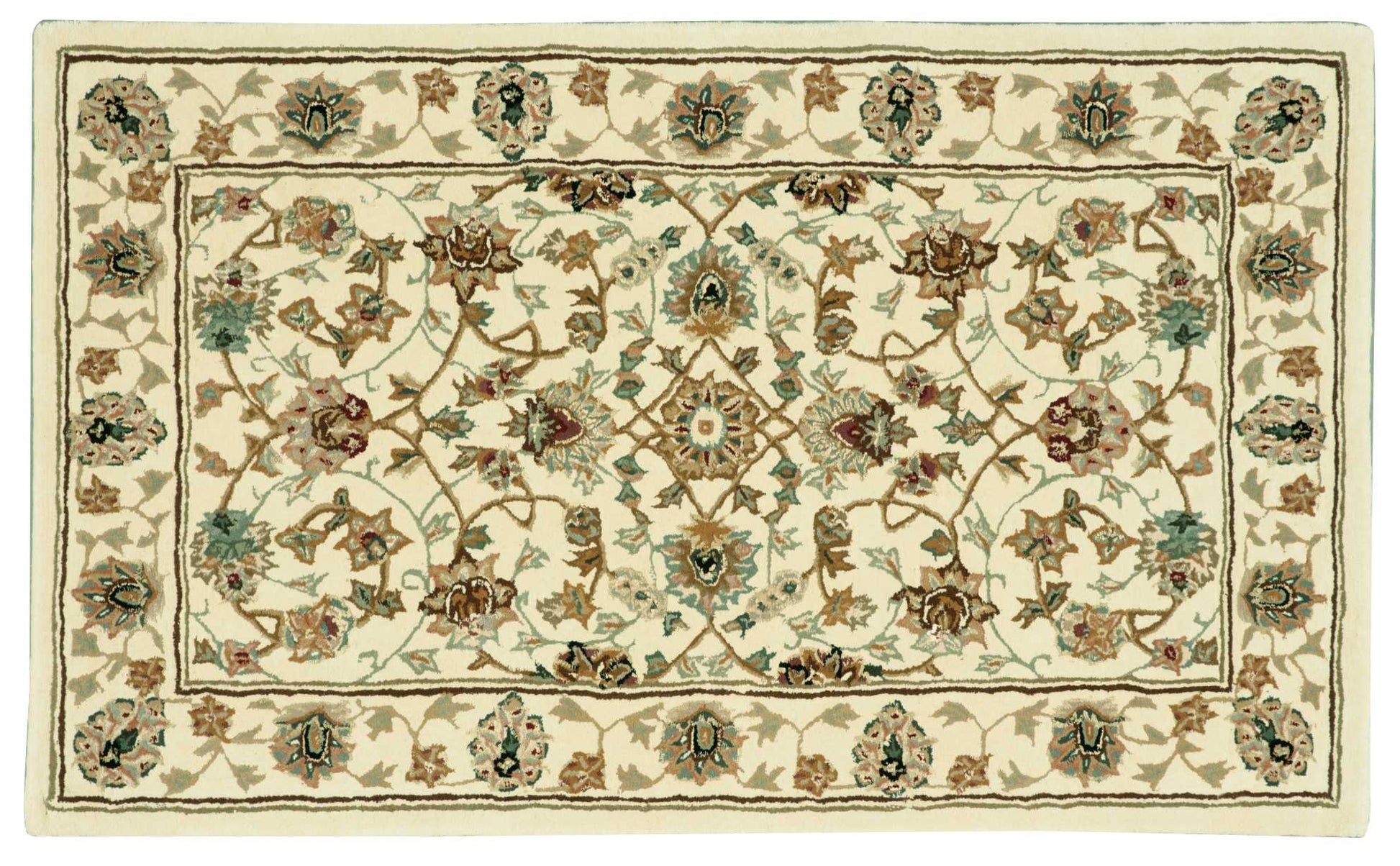 Ivory Persian-style floral area rug with scrolling blue, brown and pink blossoms; rectangular wool-blend, traditional decor, 3' x 4'.