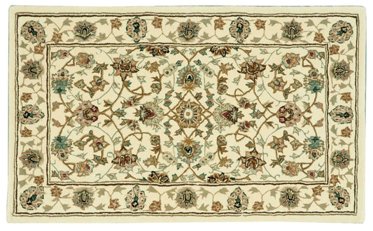 Ivory Persian-style floral area rug with scrolling blue, brown and pink blossoms; rectangular wool-blend, traditional decor, 3' x 4'.
