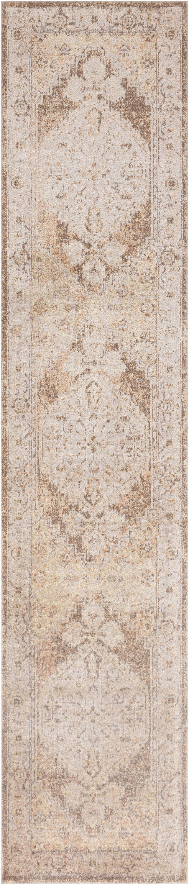 Beige woven hallway runner rug with cream and light brown floral medallions and decorative border.