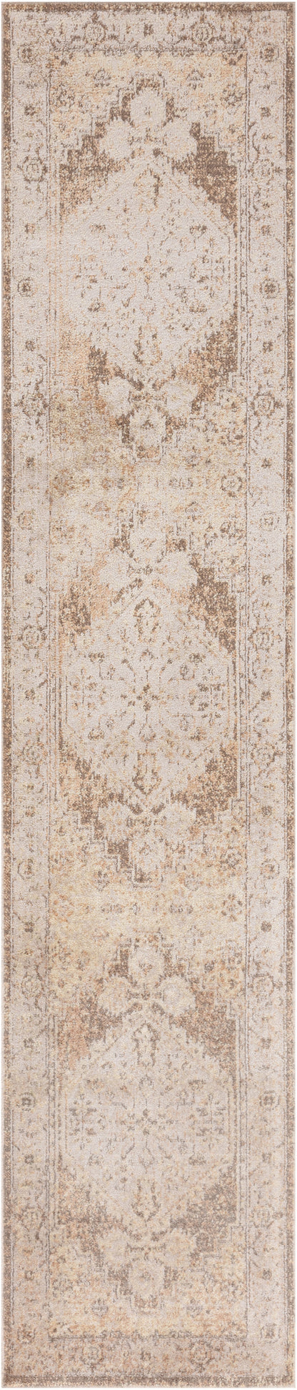 Beige woven hallway runner rug with cream and light brown floral medallions and decorative border.
