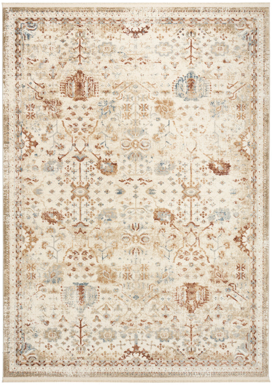 Rectangular vintage oriental area rug, 5' x 7', in ivory, tan and pale blue with floral motifs and ornate border.