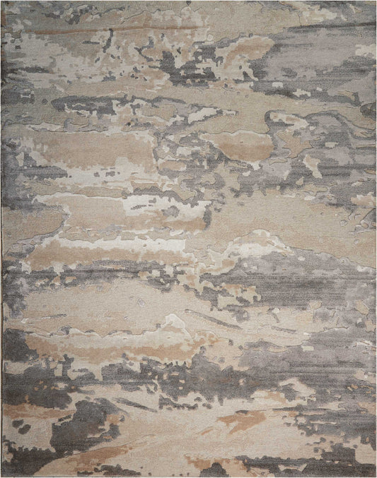 Rectangular rug with abstract beige, gray & taupe pattern; modern neutral living room decor.