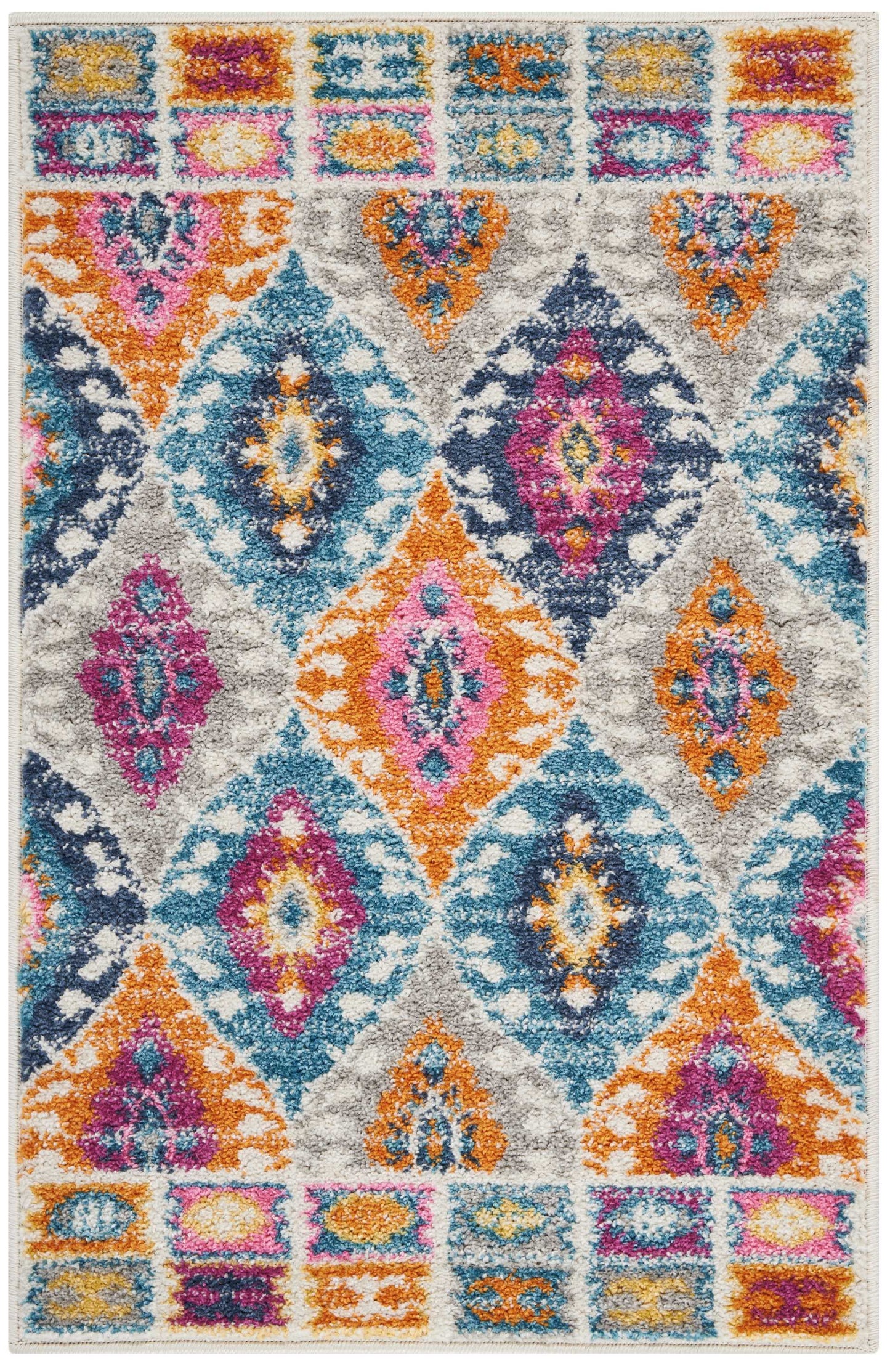 Plush shag rug with Boho diamond medallions in teal, orange, pink and gray; colorful border tiles.