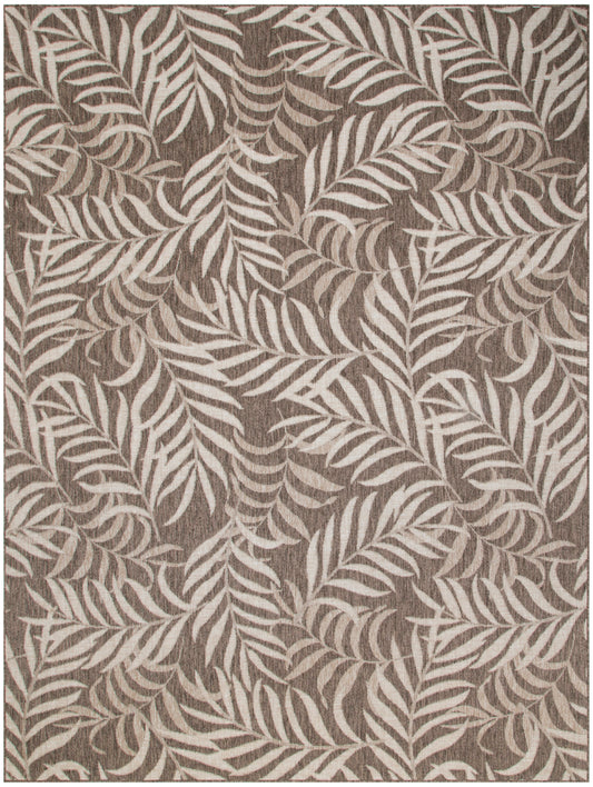 Rectangular taupe rug with cream botanical leaf motif, textured woven surface, tropical-modern decor.