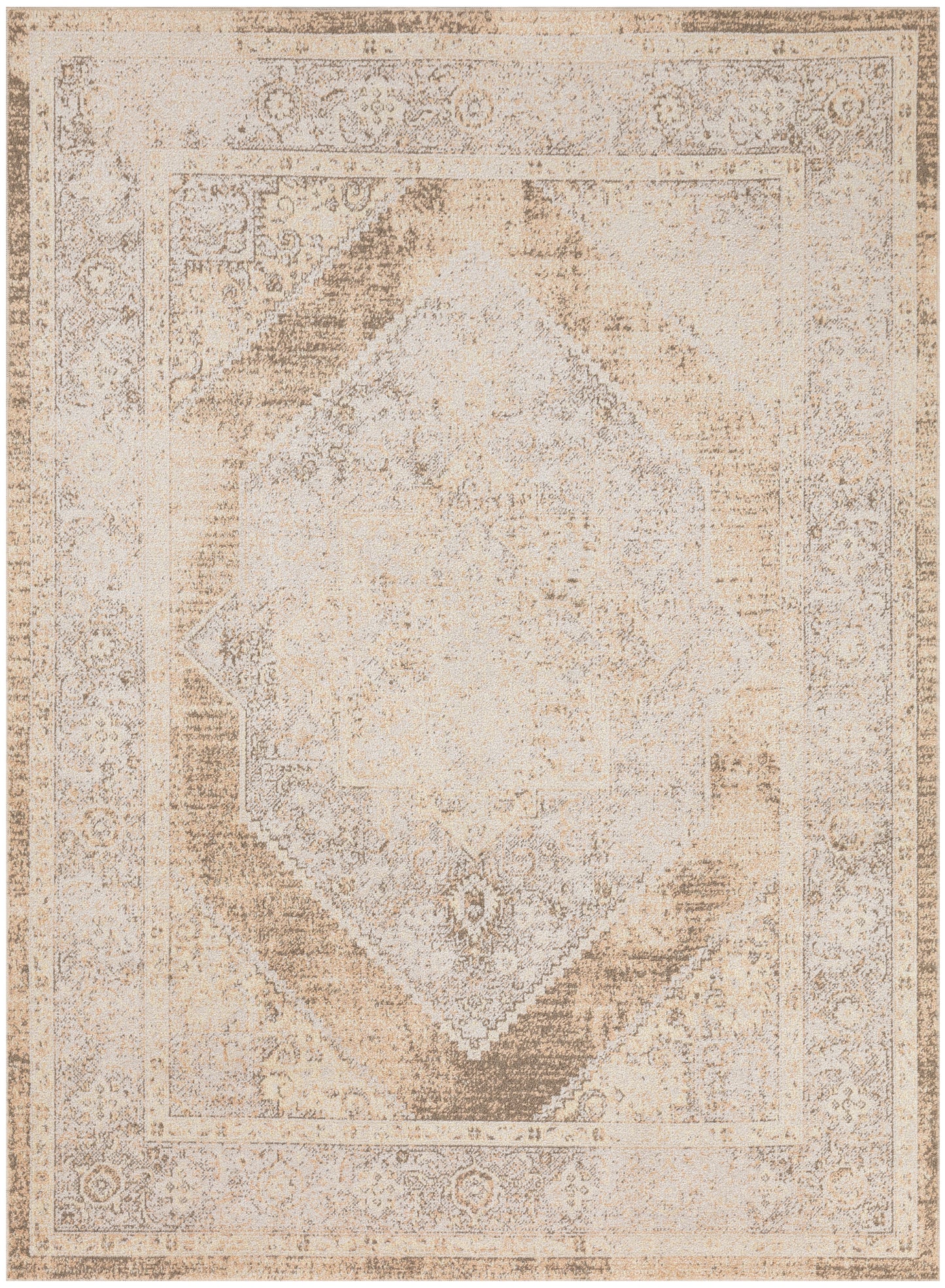 Distressed beige and ivory-toned Oriental area rug with a pale central medallion and ornate border.