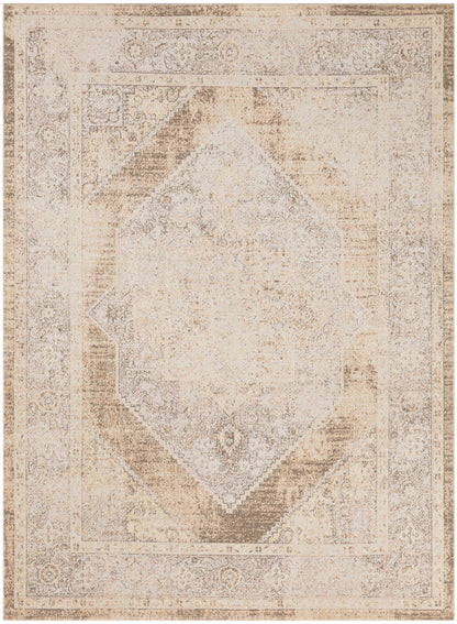 Distressed beige and ivory-toned Oriental area rug with a pale central medallion and ornate border.