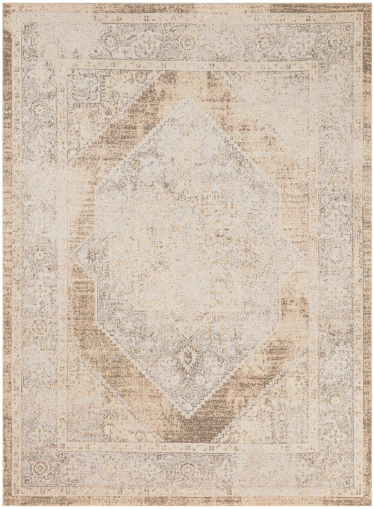 Distressed beige and ivory-toned Oriental area rug with a pale central medallion and ornate border.