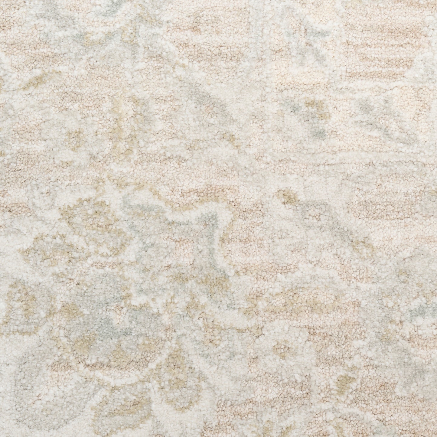 Light beige and cream area rug with subtle distressed floral pattern in taupe and pale blue hues.