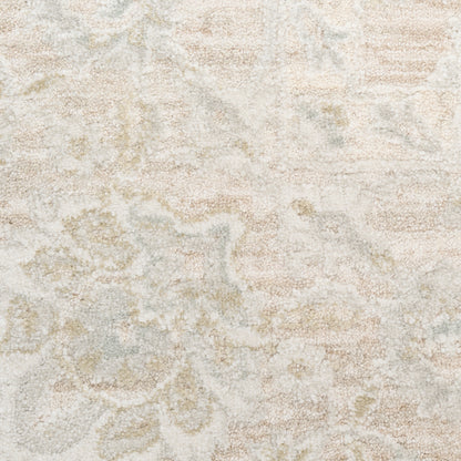 Light beige and cream area rug with subtle distressed floral pattern in taupe and pale blue hues.