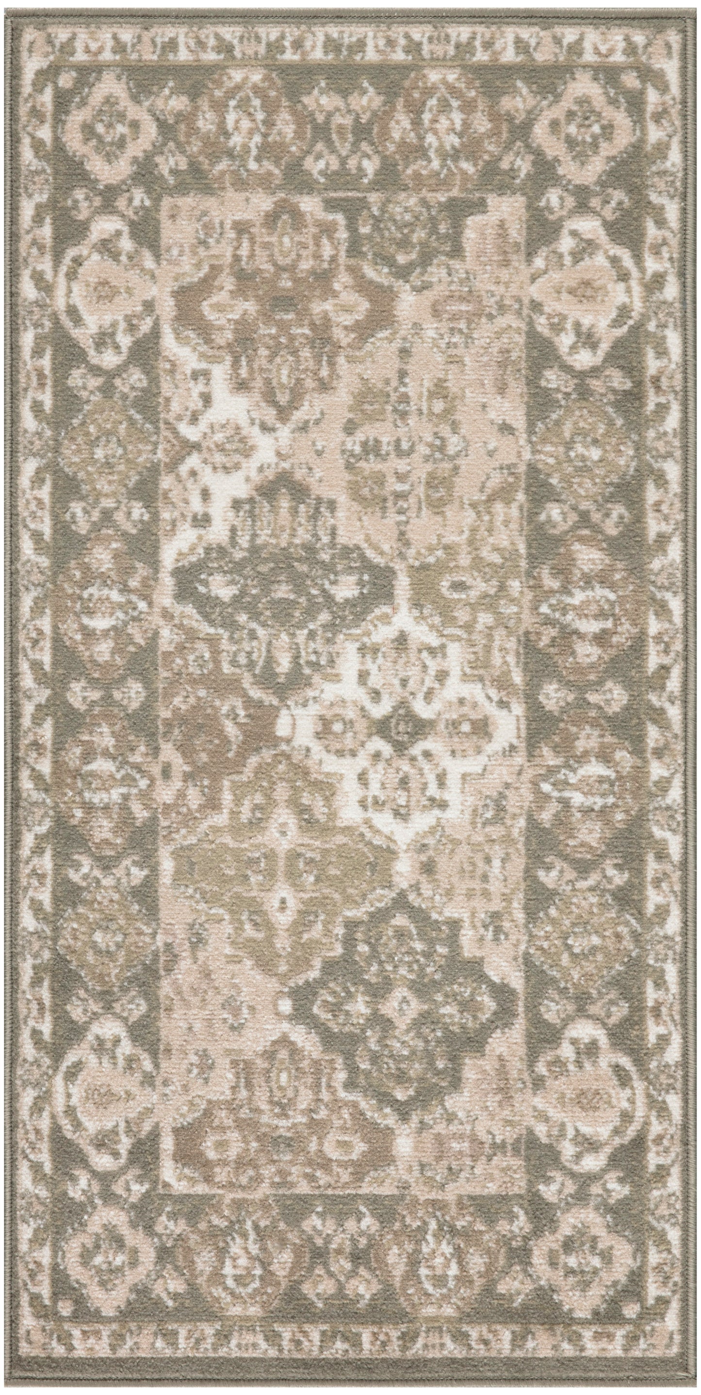 Rectangular traditional oriental area rug in beige, taupe and gray with floral medallion center and decorative border.