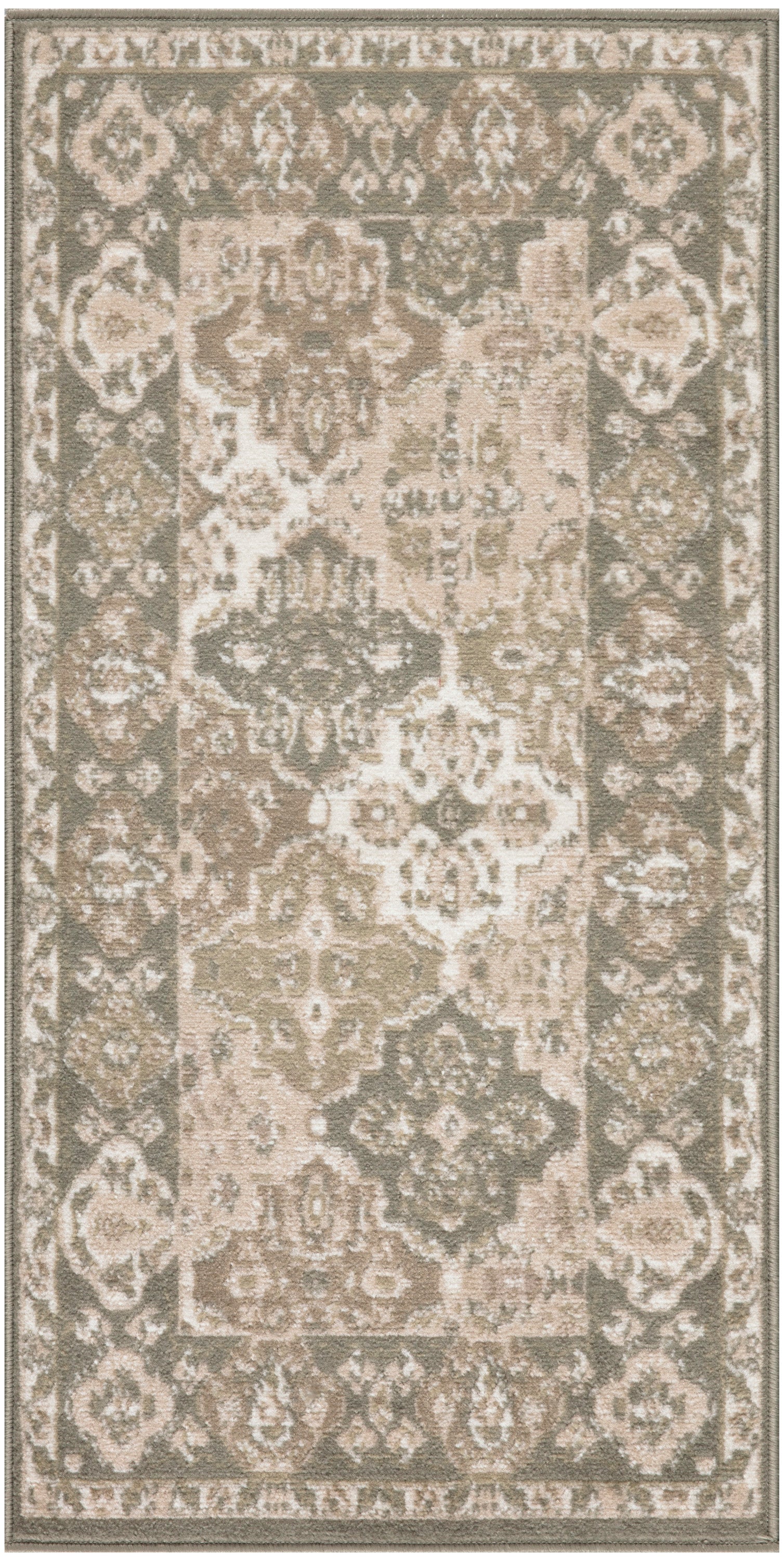 Rectangular traditional oriental area rug in beige, taupe and gray with floral medallion center and decorative border.