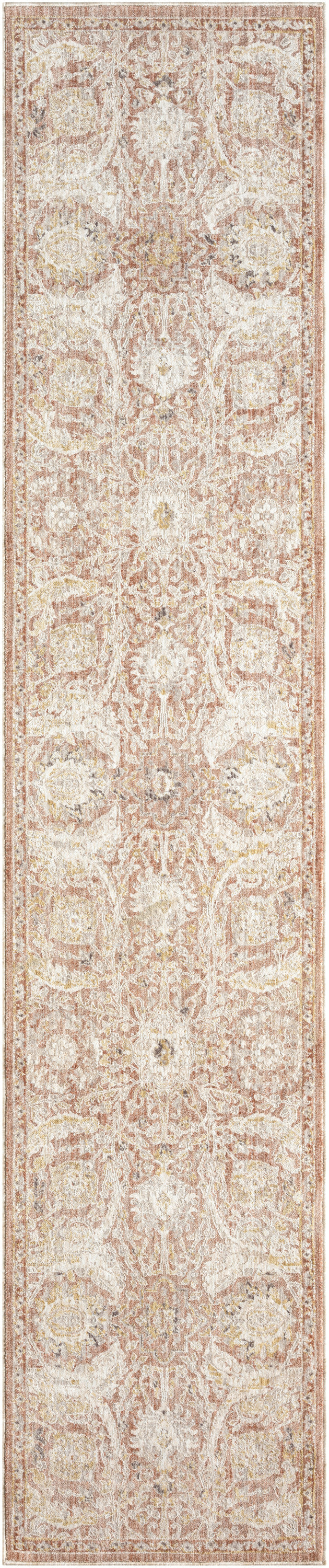 Oriental-style narrow runner rug in beige and ivory with intricate medallions and floral border for hallway.