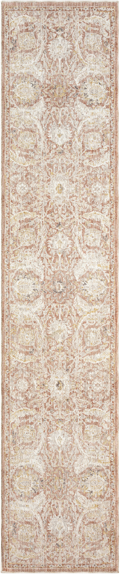 Oriental-style narrow runner rug in beige and ivory with intricate medallions and floral border for hallway.