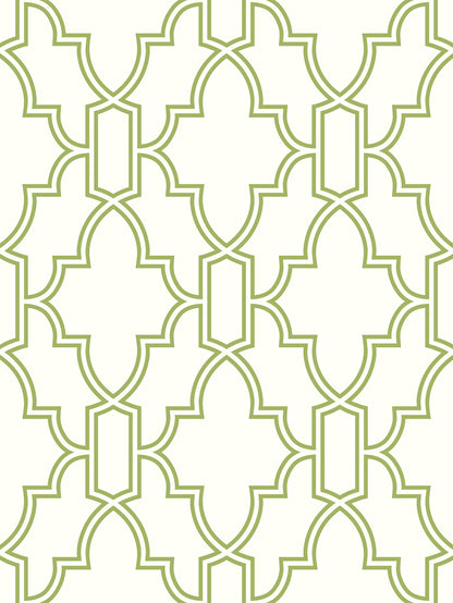 Green and white peel-and-stick wallpaper featuring an elegant repeating Tile Trellis geometric pattern. The crisp lattice design creates a fresh, classic look for accent walls and complements traditional, cottage, coastal and transitional interior decor.